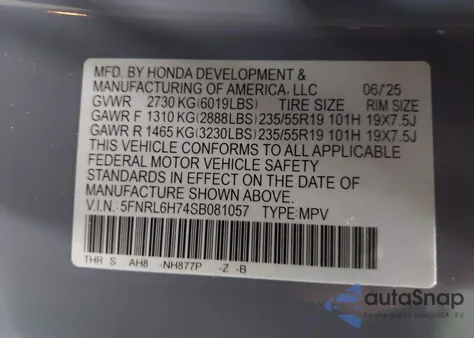 2025 Honda Odyssey Sport-L из США, поврежденный, VIN 5FNRL6H74SB081057